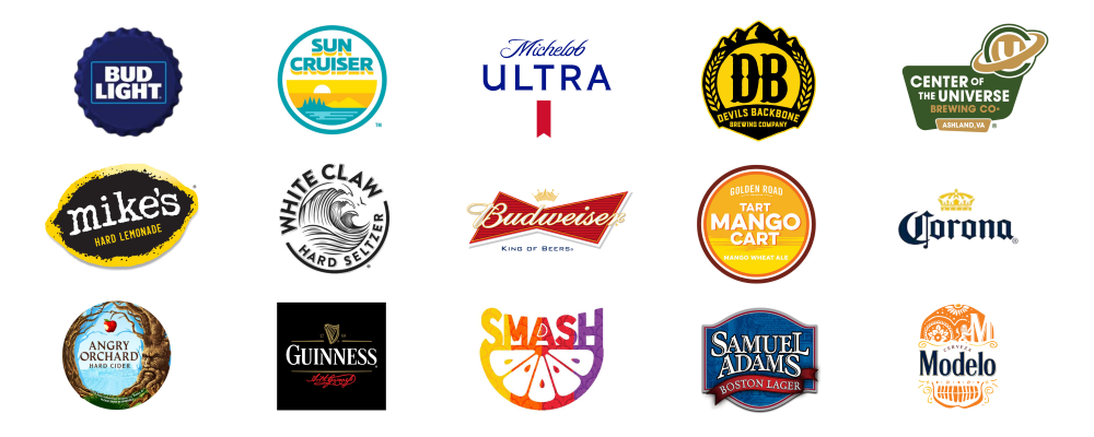 beer selections: bud light, sun cruiser, ultra, devils backbone, center of the universe, mike's hard lemonade, white claw, budweiser, golden road, corona, angry orchard, guinness, smash, samuel adams boston lager, modelo